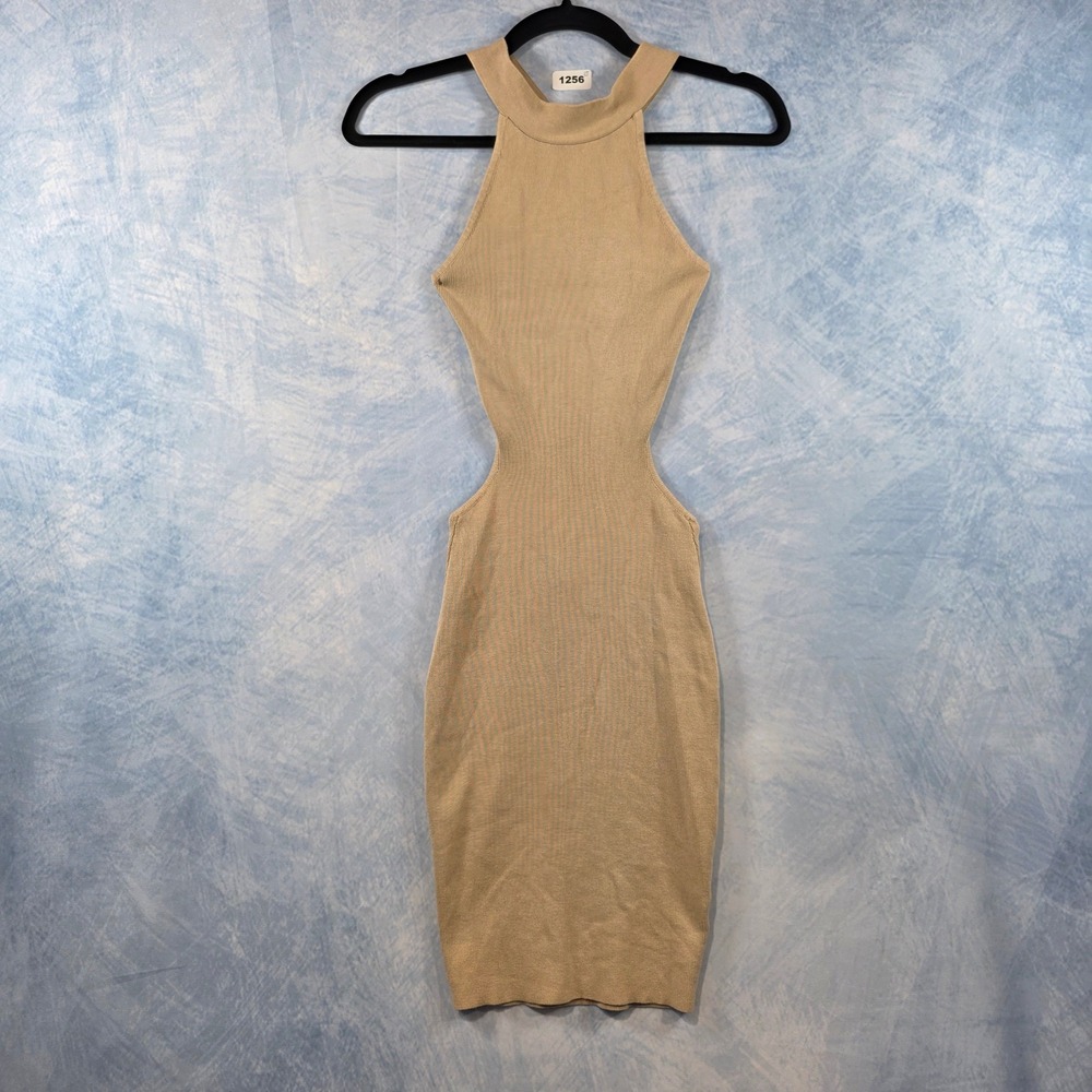 Hera‎ Collection Tan Beige Ribbed Knit Cutout Open Back Bodycon Halter Dress S